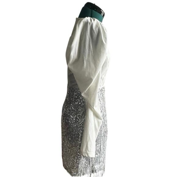Double Crazy White Velvet Silver Sequin Fringe Mini Dress Women’s Size S - Picture 5 of 11
